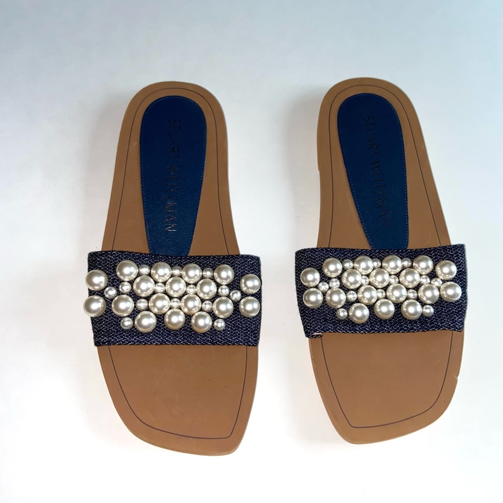 NEW Stuart Weitzman Sandals Goldie Slides Pearl Denim Indigo Sandals Women’s 9.5